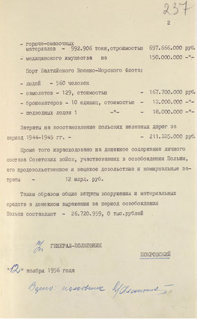 Справка о потерях в личном составе, вооружении, боевой технике и расходе материальных средств Советскими вооруженными силами в период освобождения Польши