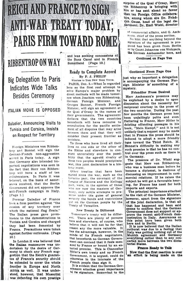 REICH AND FRANCE TO SIGN ANTI-WAR TREATY TODAY (12/6/38) Microfiche-New York Times archives | 12/6/38 | P.J Philip, Франко-германская декларация 1938 года, 6 декабря,  1938 French-German Declaration, December 6